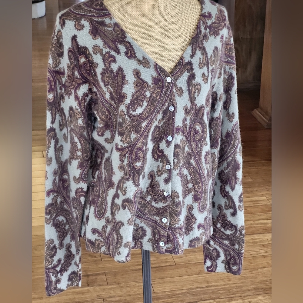 Tweeds Xlarge Lambswool and Angora Paisley Beaded Cardigan